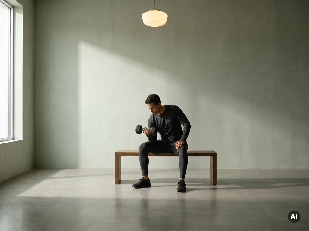 Atleet voert een dumbbell curl uit in een minimalistische studio met saliegroen accent en warm natuurlijk licht.