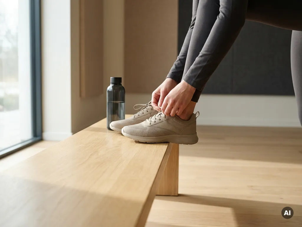 Persoon die sportschoenen stikt op een houten bank in een minimalistische studio met zacht natuurlijk licht.