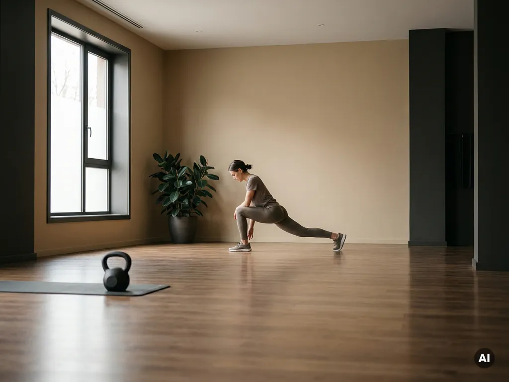 Atleet voert dynamische stretch uit op houten vloer in minimalistische privéstudio met kettlebell op de achtergrond.