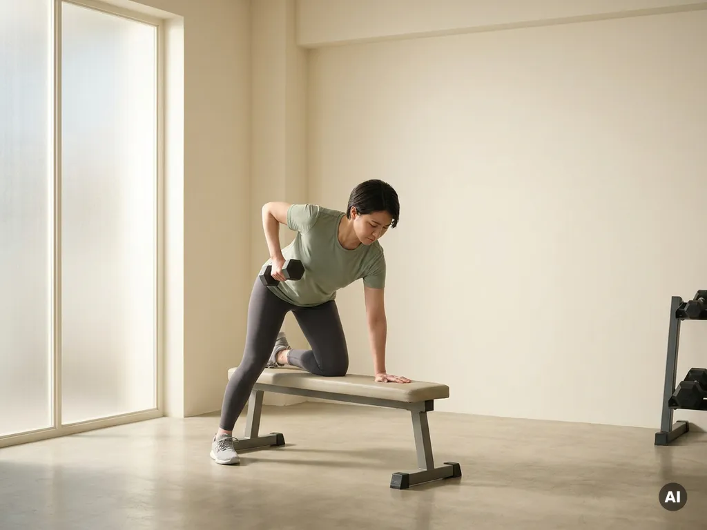 Persoon voert gecontroleerde dumbbell oefening uit in minimalistische privéstudio met zacht natuurlijk licht.