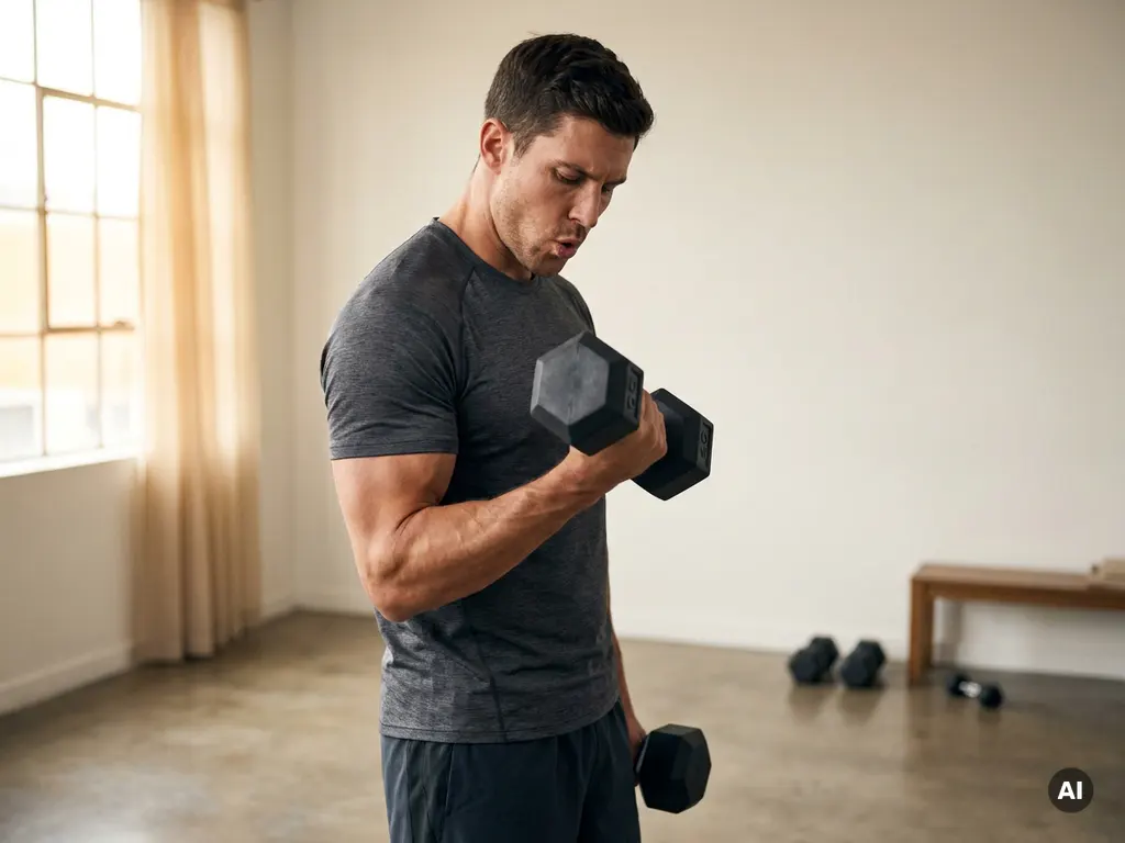 Atleet voert een dumbbell curl uit in minimalistisch studio met natuurlijk licht op gedefinieerde spieren.