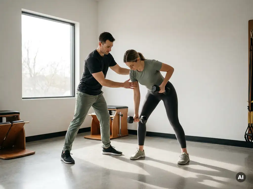 Personal trainer begeleidt cliënt bij dumbbell oefening in minimalistisch privéstudio met wit interieur en betonnen vloer.