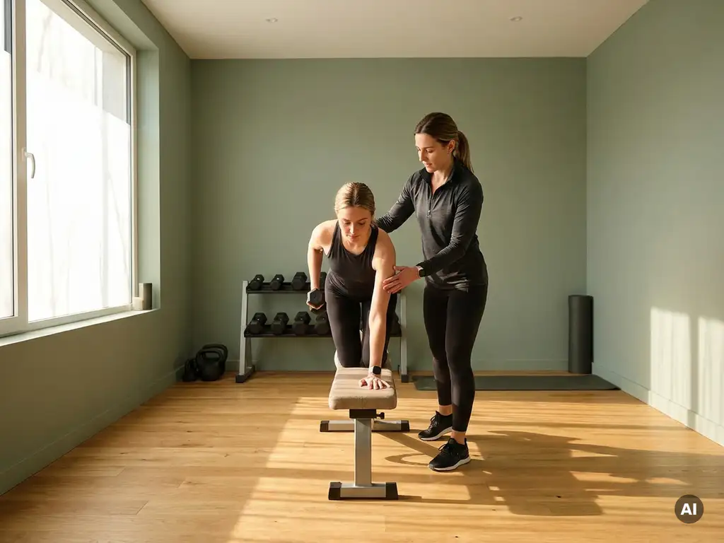 Personal trainer begeleidt cliënt bij dumbbell oefening in minimalistische privéstudio met houten vloer en saliegroen