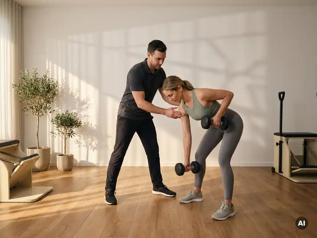 Personal trainer begeleidt cliënt bij dumbbell oefening in minimalistisch privéstudio met warm eikenhouten vloer en zacht diffuus licht.