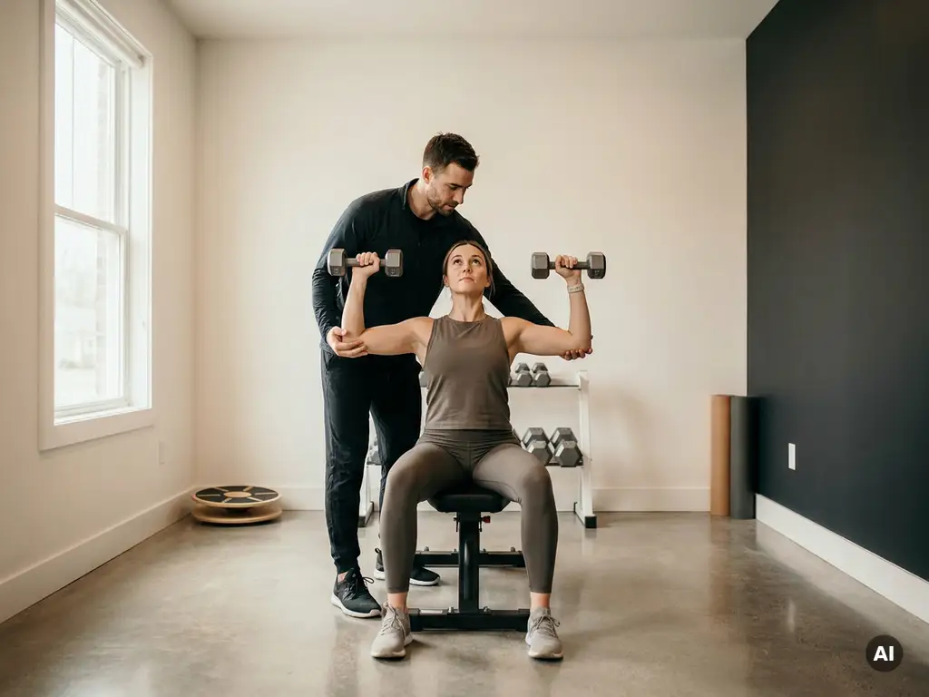Personal trainer begeleidt cliënt bij dumbbelloefening in minimalistische privéstudio met natuurlijk licht en betonnen vloer.