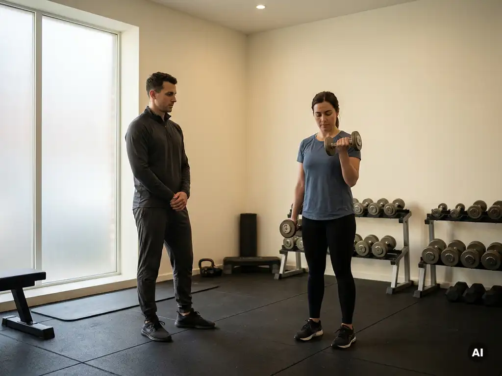 Personal trainer begeleidt cliënt bij dumbbell oefening in minimalistische privé gym met natuurlijk licht.