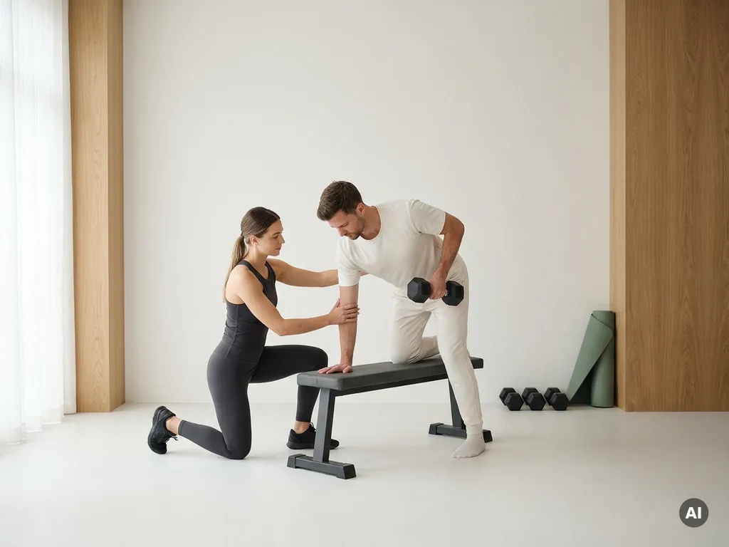 Personal trainer begeleidt cliënt bij dumbbell oefening in minimalistisch privéstudio met warm eikenhouten accenten.