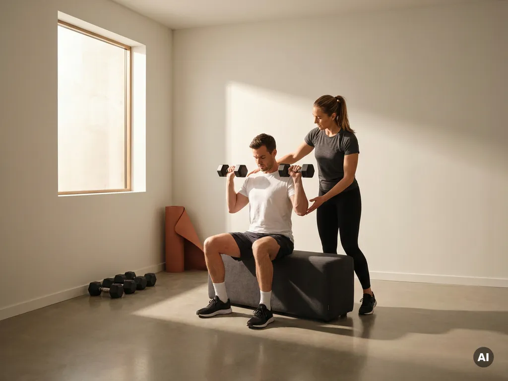 Personal trainer begeleidt cliënt bij dumbbell oefening in minimalistisch privéstudio met warm natuurlijk licht.