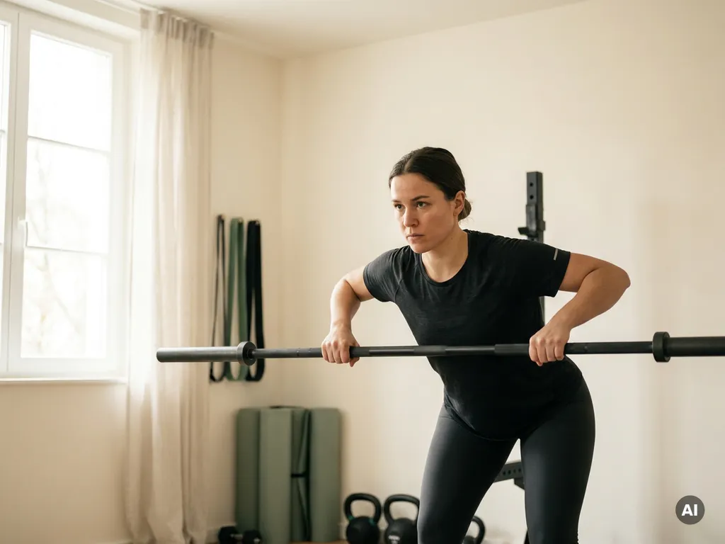 Vastberaden persoon die een halter vastgrijpt tijdens een training in een minimalistische privé-studio met zacht natuurlijk licht.
